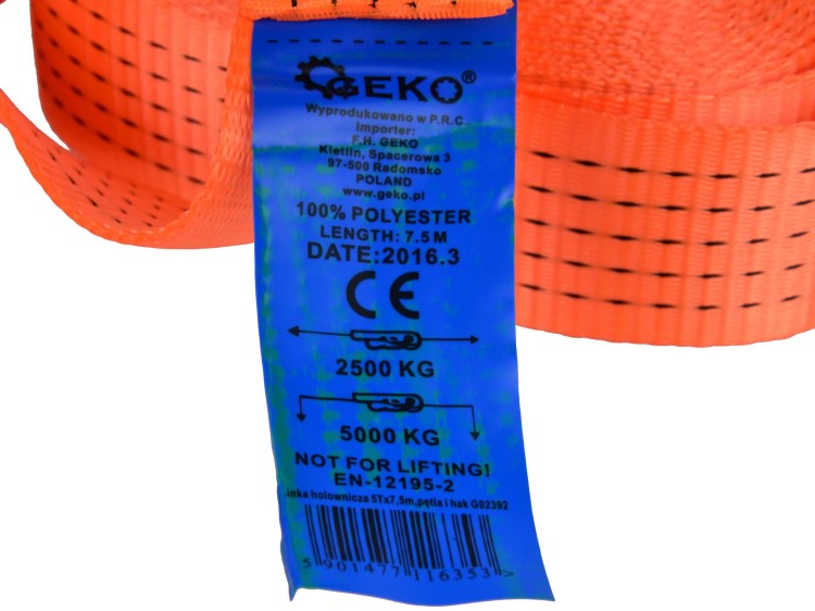 Etykieta linki holowniczej Geko z parametrami i kodem kreskowym