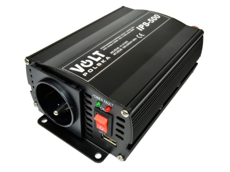 Przetwornica Volt IPS-500 w skośnym ujęciu z widocznym gniazdem i kontrolkami
