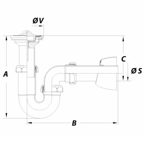Schemat syfonu umywalkowego z wymiarami A, B, C
