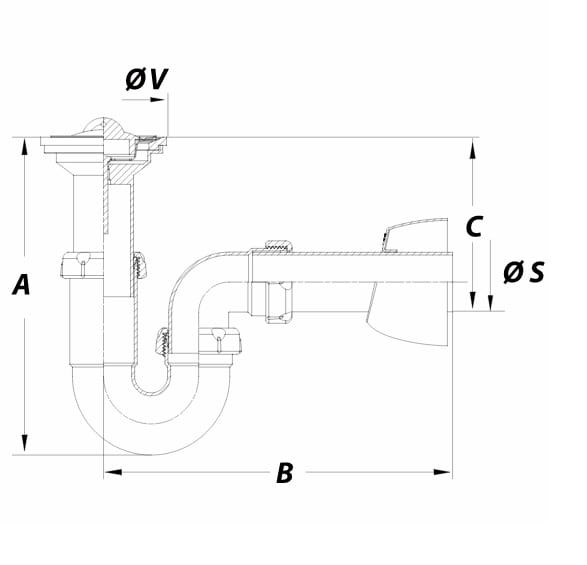 Schemat syfonu umywalkowego z wymiarami A, B, C