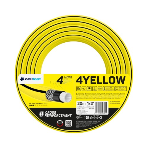 Żółty wąż ogrodowy Cellfast 4YELLOW na okrągłym opakowaniu