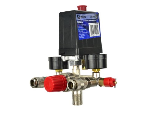 Presostat kompresora z etykietą Geko i gwintowanym przyłączem