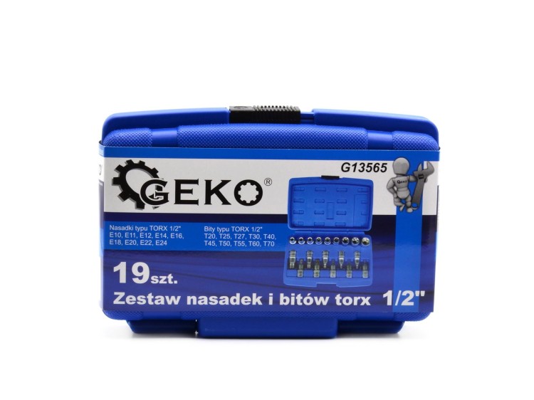 Przód niebieskiej walizki GEKO z nadrukiem zestawu nasadek i bitów torx