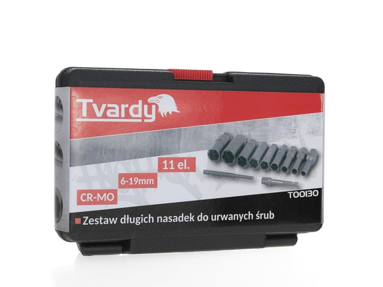 Zamknięta walizka Tvardy z etykietą zestawu nasadek 6-19 mm