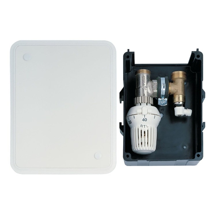 Zawór do ogrzewania podłogowego RTL Honeywell w skrzynce z głowicą termostatyczną i metalowym frontem