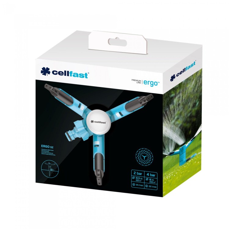 Trójramienny zraszacz obrotowy ERGO z 12 dyszami i szpilką montażową, kolor niebieski zdjęcie w oryginalnym pudełku.