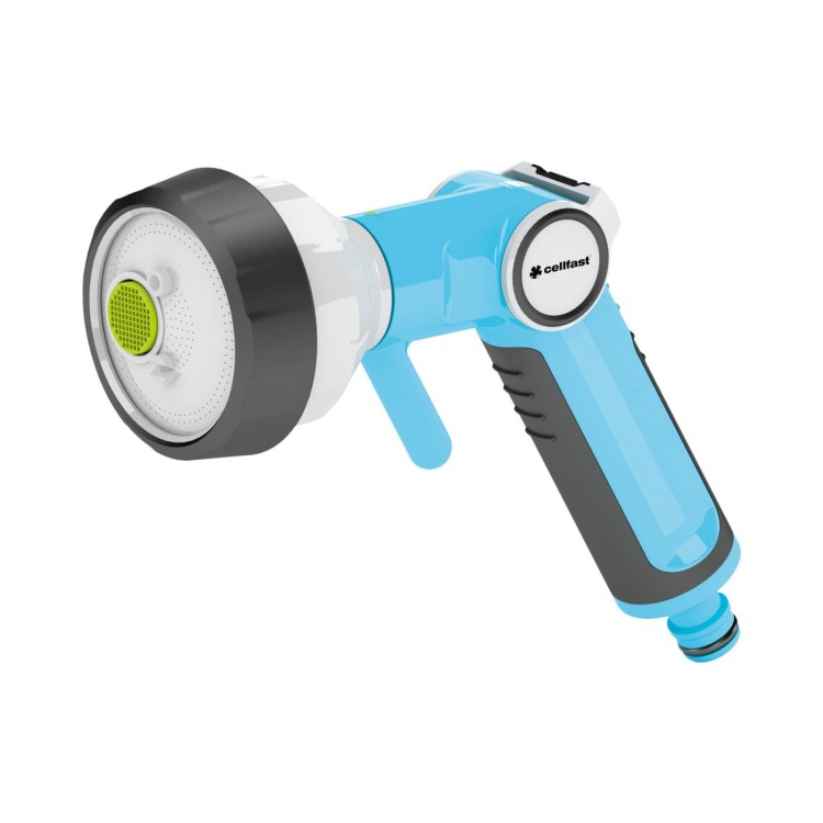 Niebieski zraszacz pistoletowy Cellfast ERGO 4-funkcyjny z regulacją strumienia i antypoślizgowym uchwytem