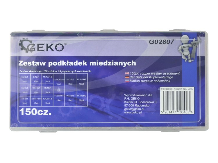 Opakowanie zestawu miedzianych podkładek Geko z etykietą