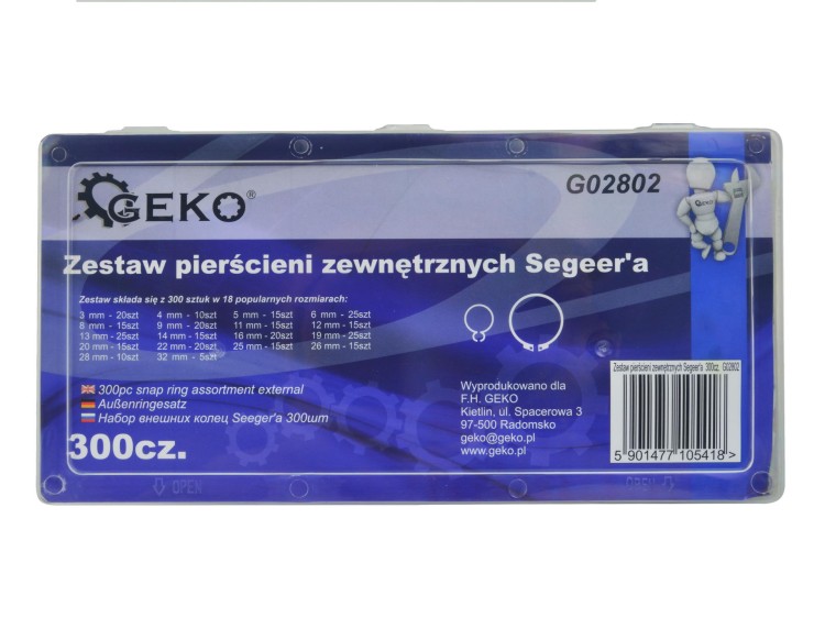 Opakowanie zestawu pierścieni Segera GEKO z nadrukiem i kodem