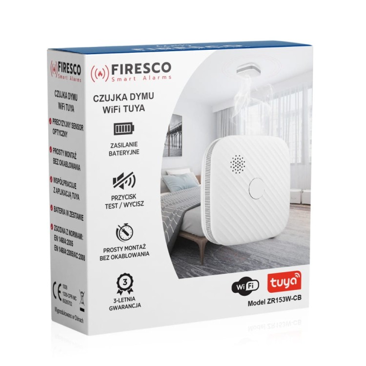 Opakowanie czujnika dymu Fireco WiFi Tuya