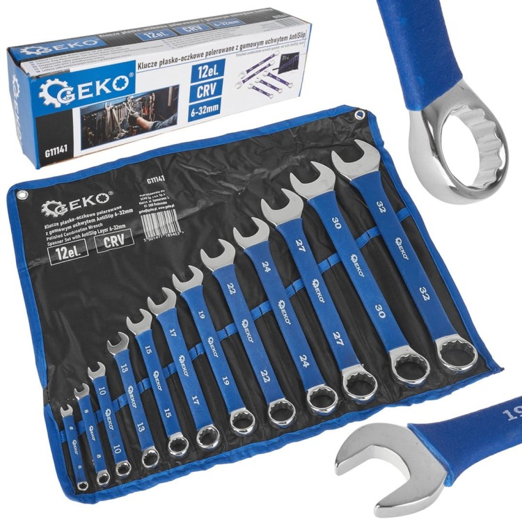 Zestaw kluczy płasko-oczkowych w etui, z niebieskimi gumowymi uchwytami