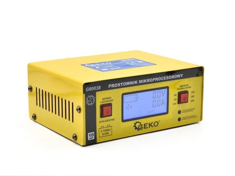 Prostownik Geko w żółtej obudowie z panelem LCD