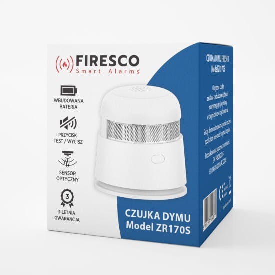 Pudełko czujki dymu Firesco ZR170S z widoczną ilustracją urządzenia