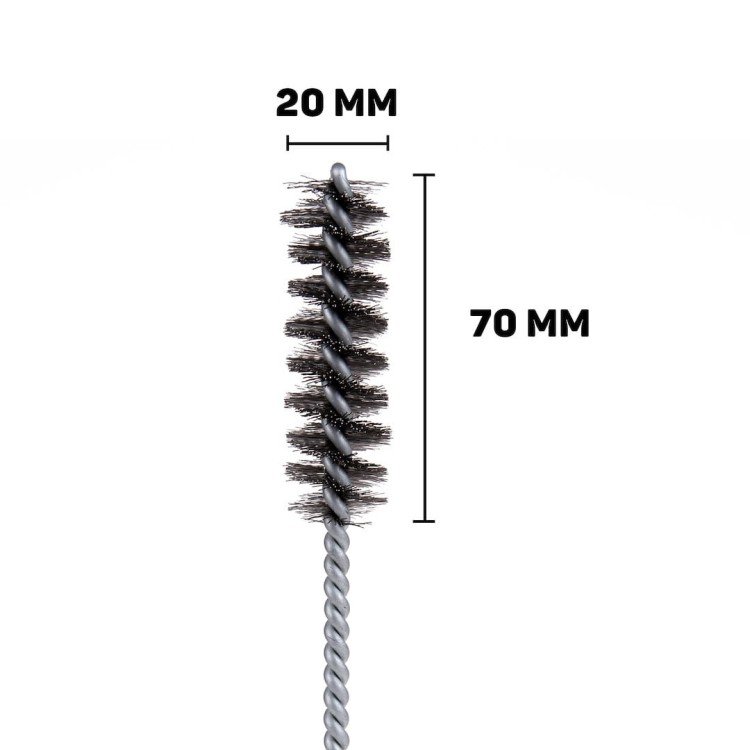 Cylindryczna szczotka druciana 20 mm ze stalowym trzpieniem 8 mm, długość drucianej części 70 mm