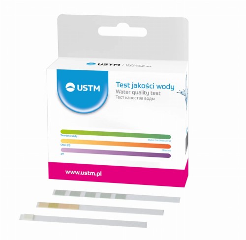 Paski testowe USTM do pomiaru pH, chloru i twardości wody z opakowaniem