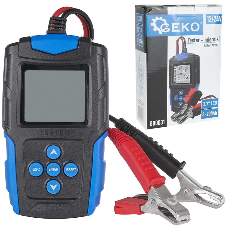 Tester LCD do akumulatorów 12/24V z wyświetlaczem, przyciskami i zaciskami krokodylkowymi