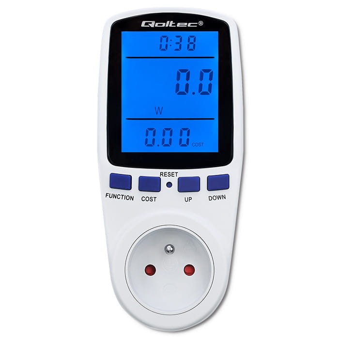 Watomierz Qoltec 3680W 16A z dużym podświetlanym wyświetlaczem LCD i cyfrowym licznikiem zużycia energii