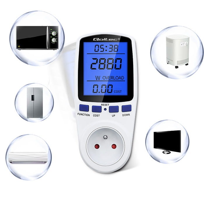 Watomierz Qoltec PM0626 3680W 16A z dużym podświetlanym wyświetlaczem LCD i gniazdem pomiarowym