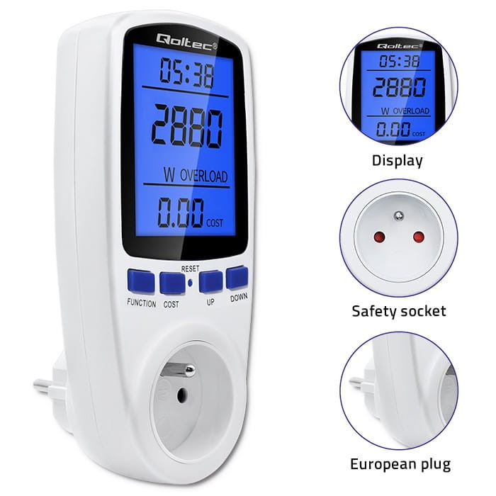 Watomierz Qoltec PM0626 z dużym podświetlanym LCD, przyciskami funkcyjnymi i gniazdkiem zasilania europejskim