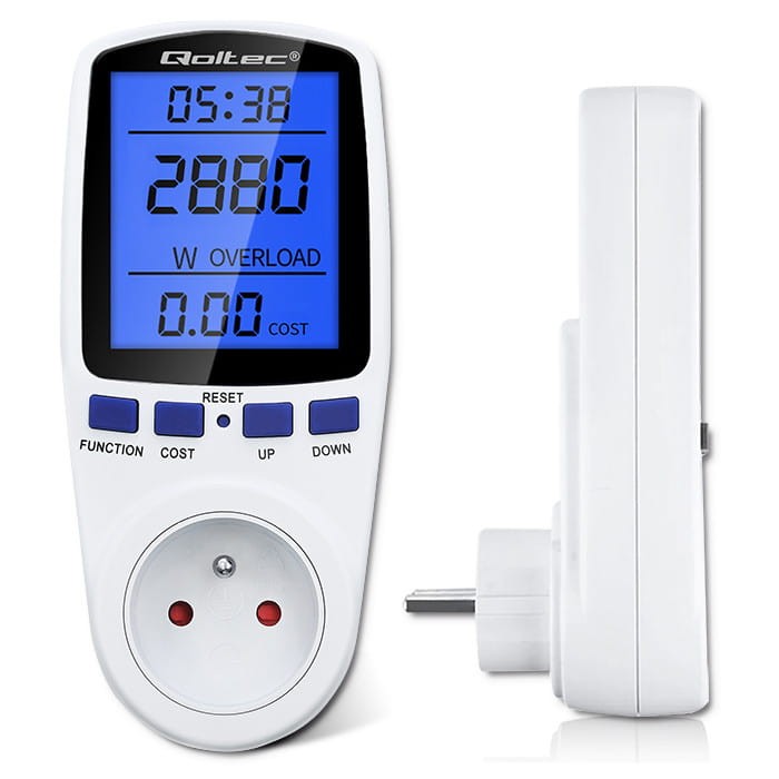 Watomierz Qoltec PM0626 LCD 3680W 16A z wyświetlaczem i przyciskami funkcyjnymi
