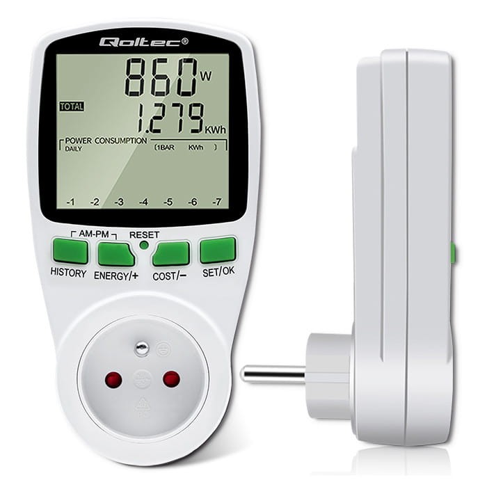 Watomierz Qoltec PM0627 3680W 16A z dużym czytelnym LCD i podświetleniem, cyfrowy licznik zużycia energii