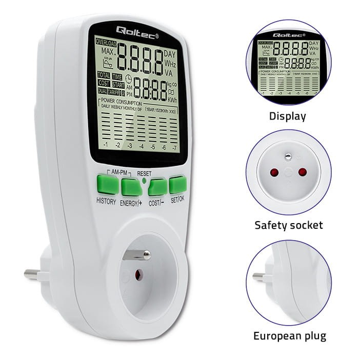 Watomierz Qoltec PM0627 3680W 16A z dużym podświetlanym wyświetlaczem LCD i europejską wtyczką