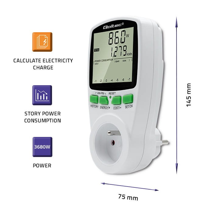 Watomierz Qoltec PM0627 3680W 16A z dużym podświetlanym wyświetlaczem LCD i siedmioma trybami pomiaru