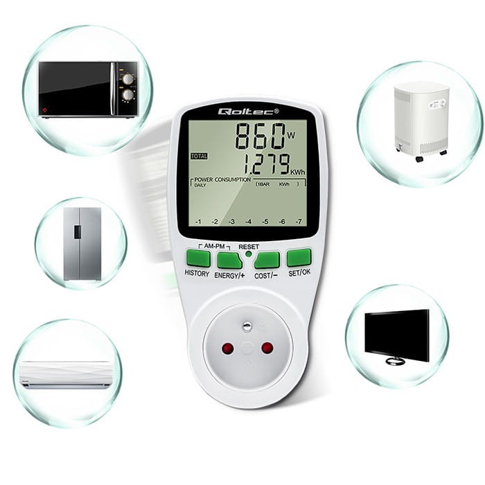 Cyfrowy watomierz Qoltec 3680W 16A z dużym LCD i podświetleniem, mierzący zużycie energii