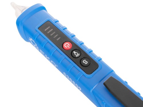 Bezdotykowy próbnik napięcia Geko 12-1000V z sondą NCV i przyciskami funkcyjnymi na niebieskiej obudowie