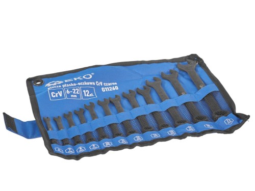 Zestaw 12 czarnych kluczy płasko-oczkowych 6-22 mm w niebieskiej płachcie z rzepem