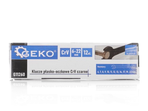 Zestaw 12 czarnych kluczy płasko-oczkowych 6-22 mm CrV Geko w płachcie z rzepem