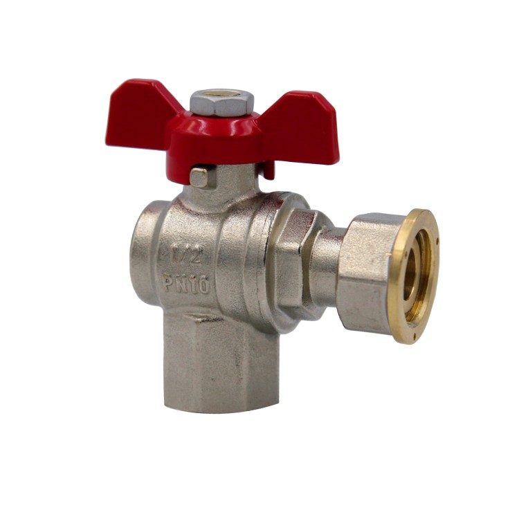 Zawór kulowy kątowy z czerwonym motylkowym uchwytem i nakrętką GW 1/2 cala