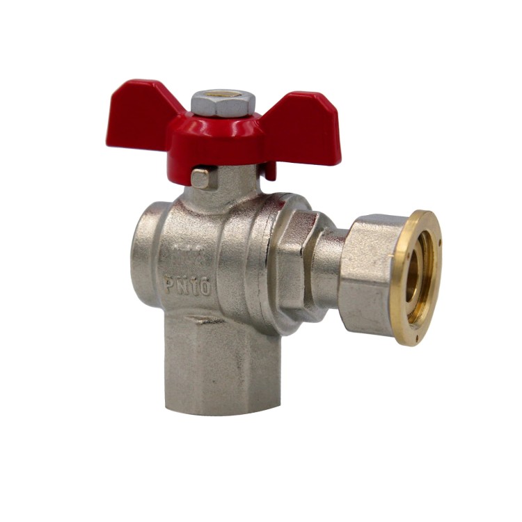 Zawór kulowy kątowy z nakrętką GW 3/4 cala, czerwony uchwyt motylkowy, metalowy korpus PN10