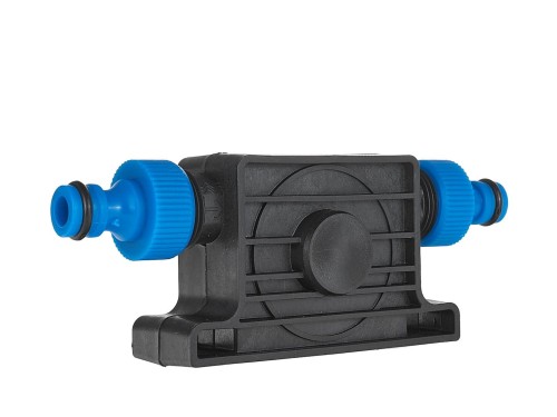 Czarna pompka na wiertarkę do spuszczania paliwa z niebieskimi szybkozłączkami po obu stronach