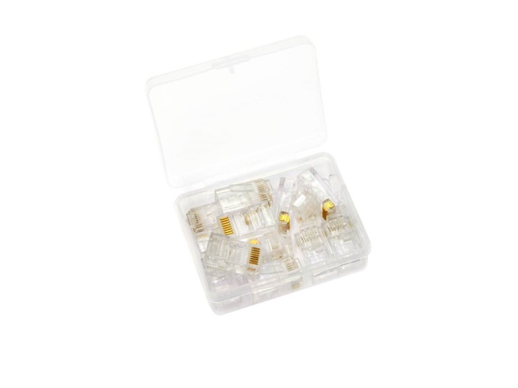 Przezroczyste wtyki RJ45 z metalowymi stykami w plastikowym pudełku z przegródkami