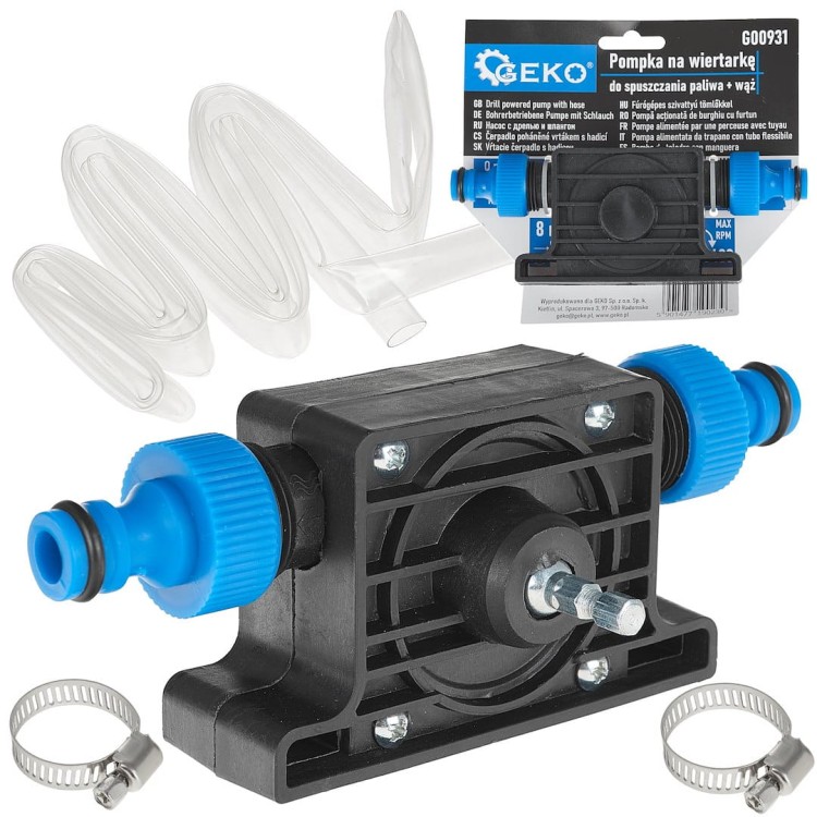 Pompka na wiertarkę do spuszczania paliwa z szybkozłączkami i 3-metrowym wężem marki Geko