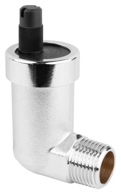 Odpowietrznik automatyczny kątowy 1/2" z Aquastop, niklowany mosiądz, z gwintem i czarną końcówką