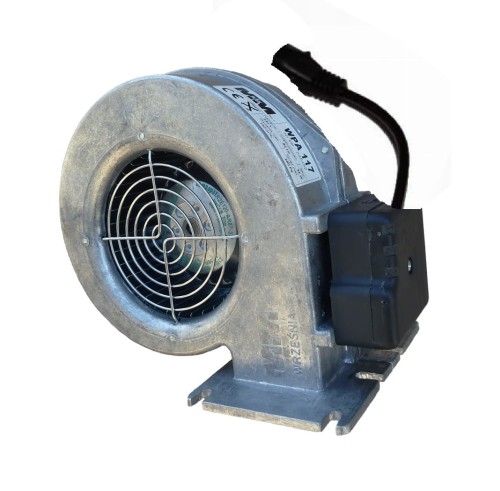 Wentylator promieniowy WPA 117 K z aluminiową obudową, siatką ochronną i wtykiem do kotła CO