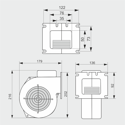 Wymiary wentylatora WPA 117 K w trzech widokach z oznaczeniami długości i wysokości
