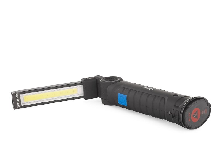 Składana lampa warsztatowa LED COB z 5 trybami świecenia i magnesem, czarna z niebieskim przyciskiem