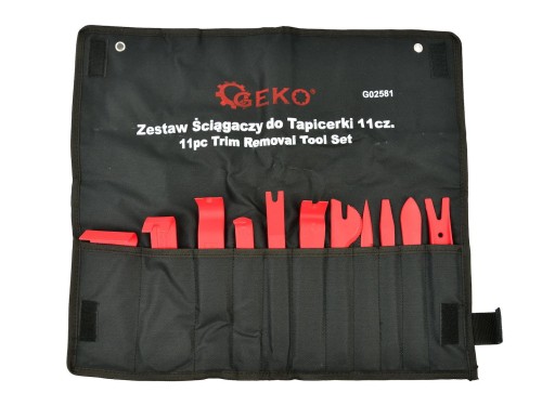 Zestaw 11 czerwonych ściągaczy do tapicerki samochodowej w czarnej płachcie z logo Geko
