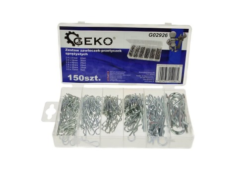 Zestaw 150 zawleczek sprężystych Geko w plastikowym pudełku z 6 przegródkami