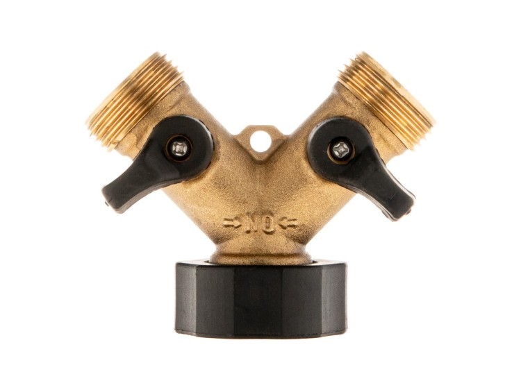 Rozdzielacz 2-drożny mosiężny z dwoma zaworami kulowymi i przyłączami 3/4 cala