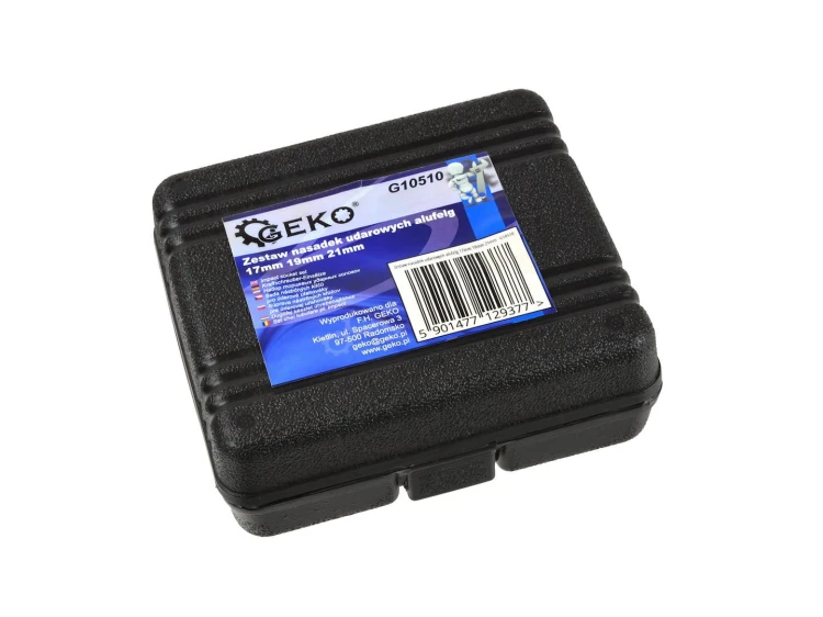 Czarne etui z zestawem 3 nasadek udarowych do alufelg 17, 19 i 21 mm marki Geko