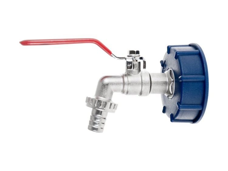 Metalowy kran 1/2" z czerwonym uchwytem, gwintem GZ 3/4" i niebieską nakrętką S60x6 do pojemnika IBC