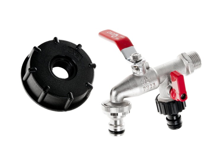 Metalowy kran 1/2 cala z podwójnymi wyjściami GZ 3/4 cala, dwa nyple szybkozłączki i nakrętka IBC S60x6