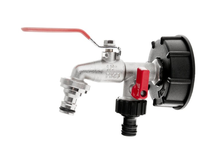 Metalowy kran z nakrętką IBC S60x6, podwójne wyjścia na GZ 3/4" z dwoma nyplami szybkozłączek