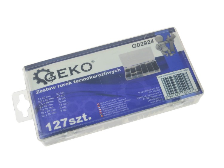 Zestaw 127 czarnych rurek termokurczliwych Geko w plastikowym pojemniku z przegródkami