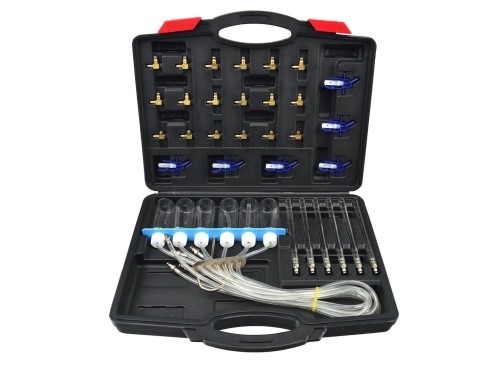 Tester do wtryskiwaczy Common Rail w czarnym etui z 24 adapterami i 12 menzurkami do pomiaru przepływu paliwa