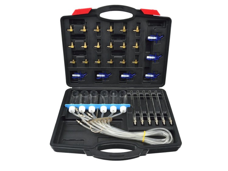 Tester do wtryskiwaczy Common Rail w czarnym etui z 24 adapterami i 12 menzurkami do pomiaru przepływu paliwa